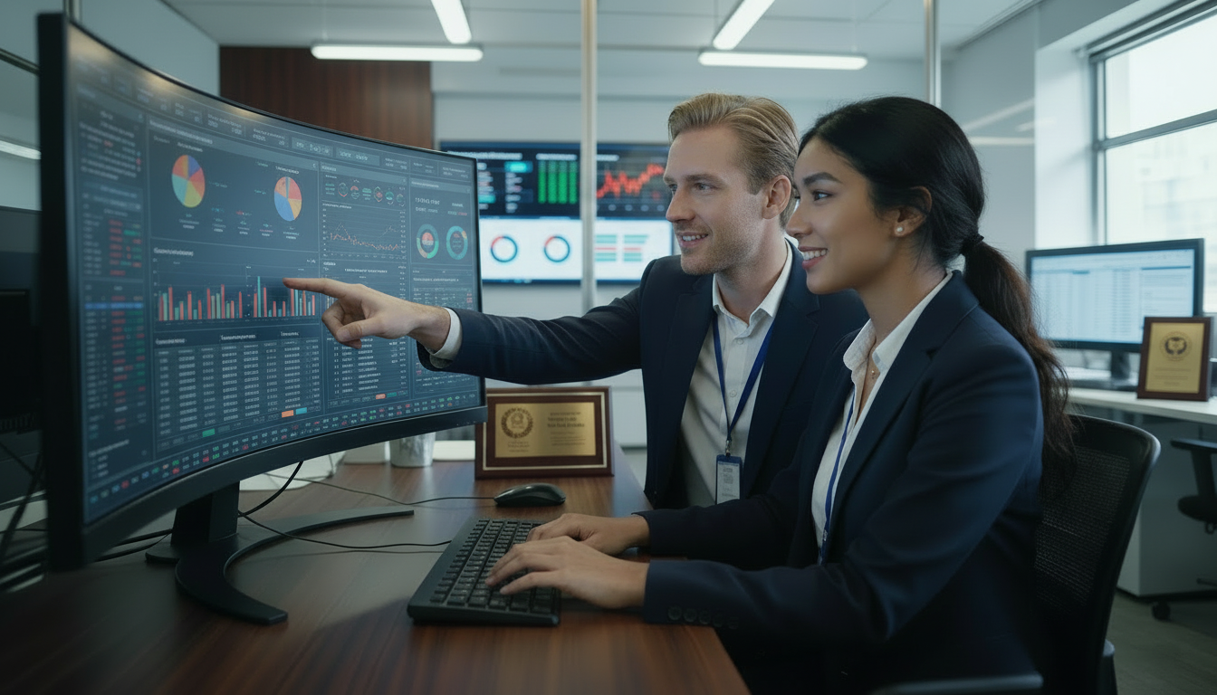 Financial technology consultants analyzing data